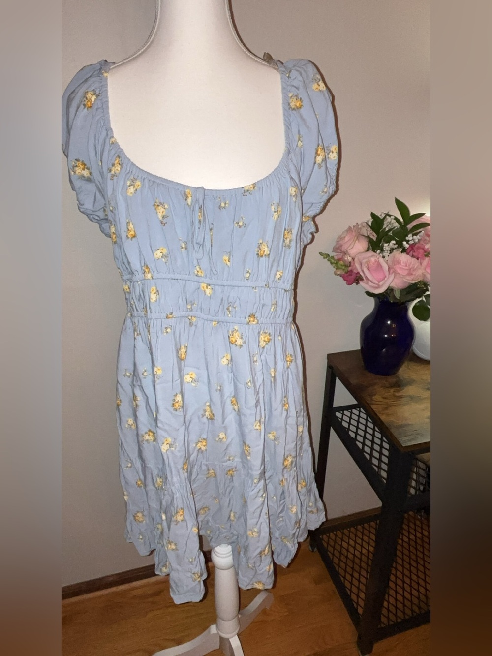 Light Blue Floral Mini Dress with Puff Sleeves